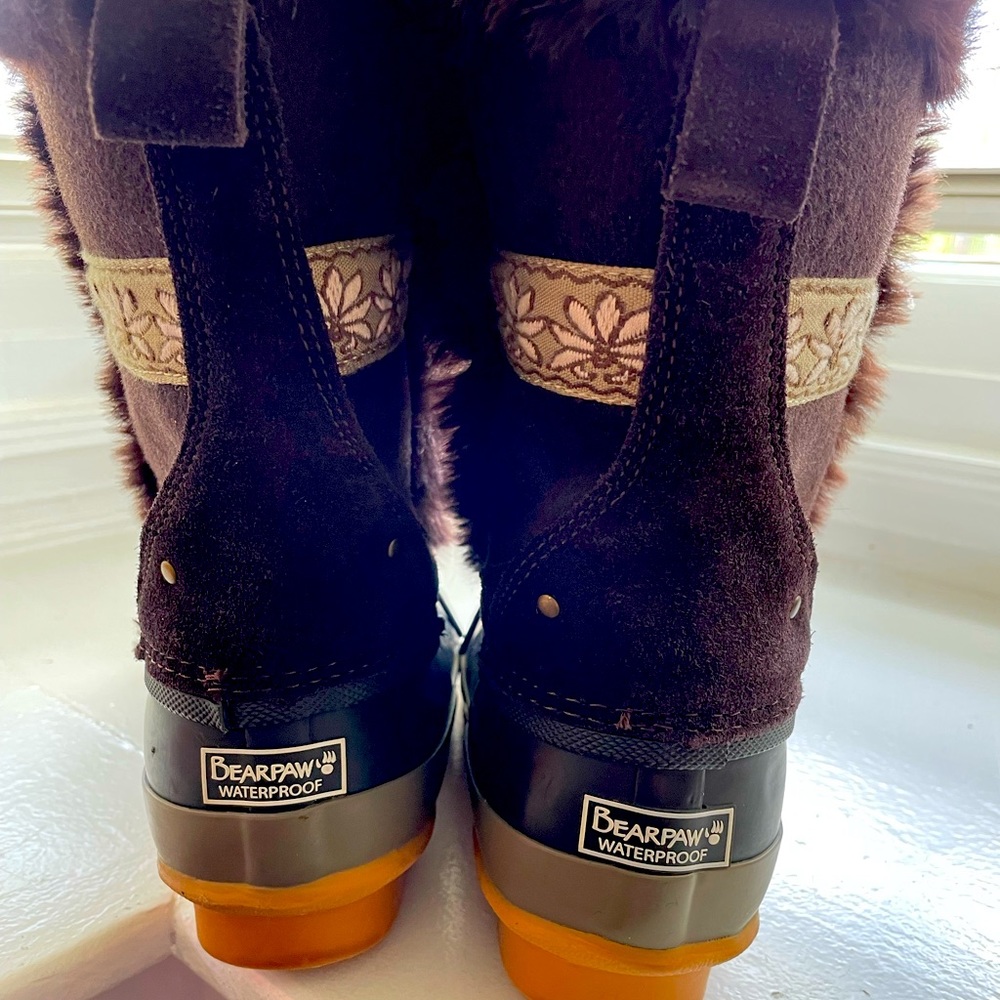 BEARPAW Women's Floral Tess Faux Fur-Trim Duck Boot Winter White US 6M / EUR 37